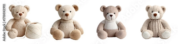 Fototapeta Four Plush Teddy Bears on White Background - Soft Toys Collection