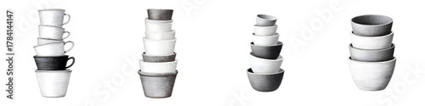 Fototapeta Monochrome Watercolor Stacks of Cups Isolated on White Background