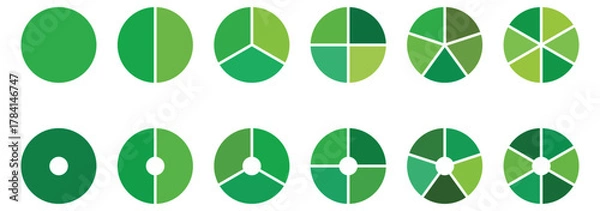 Fototapeta Set of colorful pie charts. Colorful pie charts with varying segments. Circle section graph. Pie chart set. Pie charts diagrams. Different color circles. donut and pie chart infographic elements .