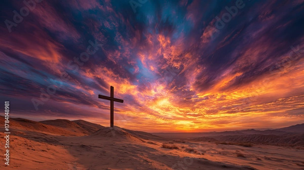 Obraz an inspirational cross on a hill with sunset