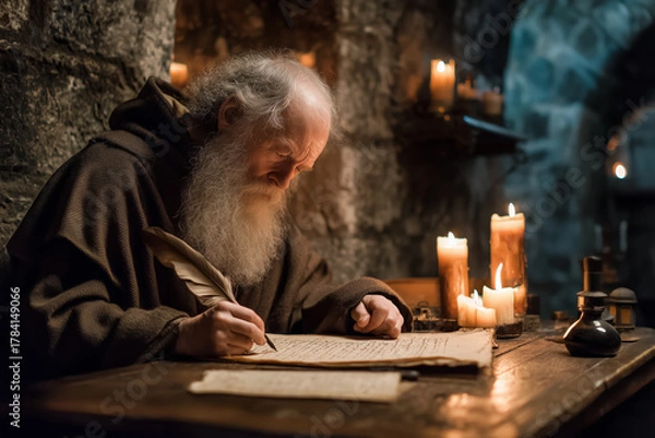 Obraz a monk in a monastery working with on an old manuscript