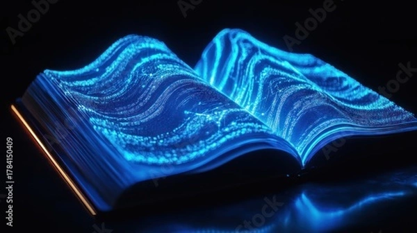 Fototapeta Open book featuring digital wave patterns glowing with vibrant blue light