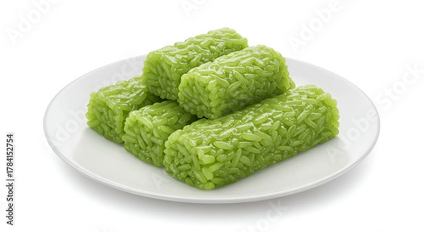 Obraz Green lupis cakes served on a white plate with a dense forest background, bringing a natural and traditional Indonesian vibe.