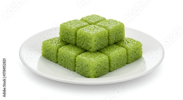 Obraz Green lupis cakes served on a white plate with a dense forest background, bringing a natural and traditional Indonesian vibe.