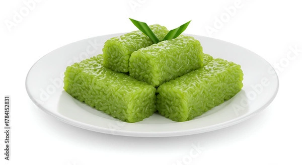 Obraz Green lupis cakes served on a white plate with a dense forest background, bringing a natural and traditional Indonesian vibe.