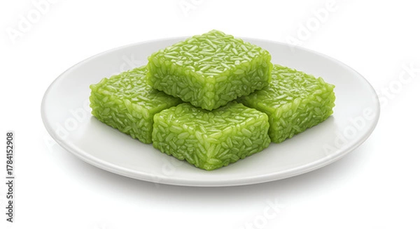 Obraz Green lupis cakes served on a white plate with a dense forest background, bringing a natural and traditional Indonesian vibe.