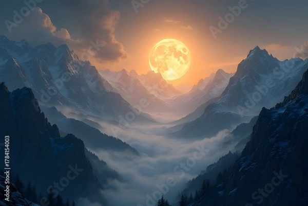 Fototapeta Golden Moonrise Over Mountain Peaks: A panoramic landscape showing a full golden moon rising above rugged mountain peaks, with soft mist drifting between valleys, creating a twilight atmosphere.