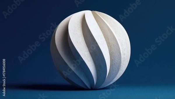 Fototapeta Abstract, sculptural, white sphere with?wavy,?ridged?design on dark blue backdrop