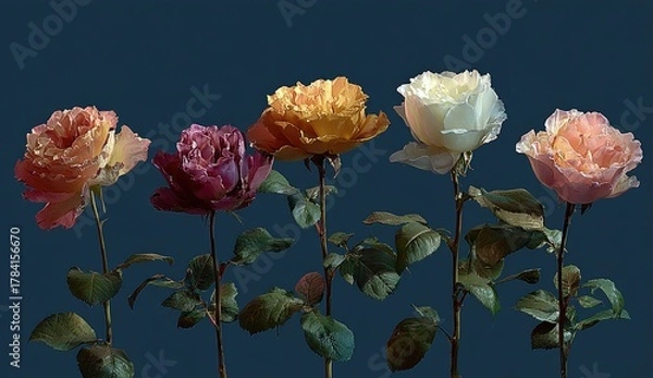 Fototapeta Five vibrant roses in varying hues of peach, orange, pink, and burgundy, set against a deep teal background