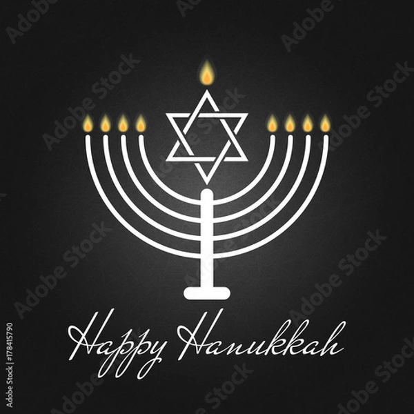 Fototapeta Happy Hanukkah is a Jewish holiday traditional poster or greeting card the rededication of the Holy Temple on the black background. The festival lights banner, candelabrum with candles and David star.