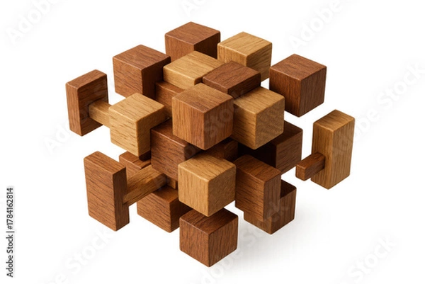 Fototapeta Wooden burr puzzle presenting abstract solution, complex challenge, and problem-solving concept, transparent background