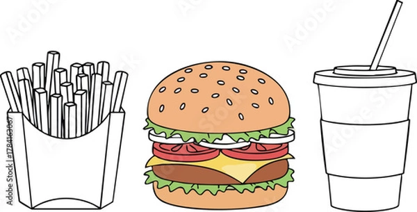 Fototapeta Illustration of a Burger, Fries, and Drink Outlined in Black
