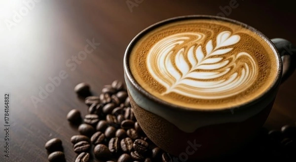 Fototapeta Close-up of Latte Art Coffee with Roasted Beans on Wood