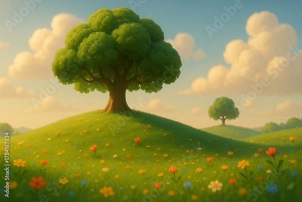 Fototapeta Beautiful vibrant meadow with wildflowers and trees under a serene sky, perfect for dreamy landscapes or nature themed projects offering tranquility