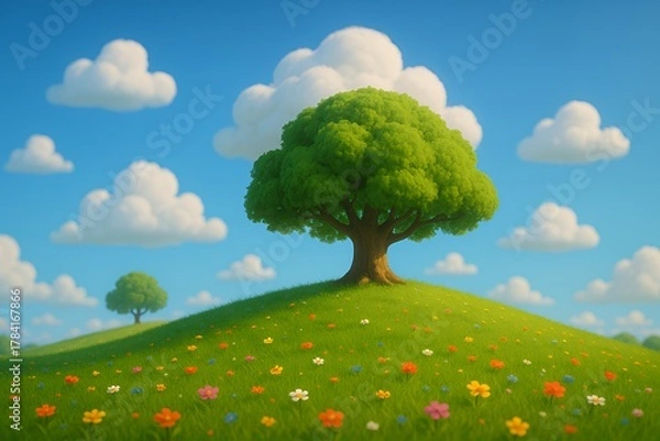 Fototapeta Enchanting meadow with vibrant wildflowers and a majestic tree under a sunny sky, perfect for springtime promotions and nature-inspired campaigns