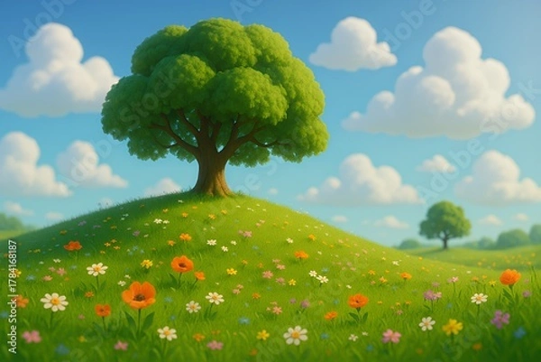 Fototapeta Discover serene beauty with a lush green tree on a flower-filled hill under a bright blue sky, perfect for inspiring peace and tranquility in your next project