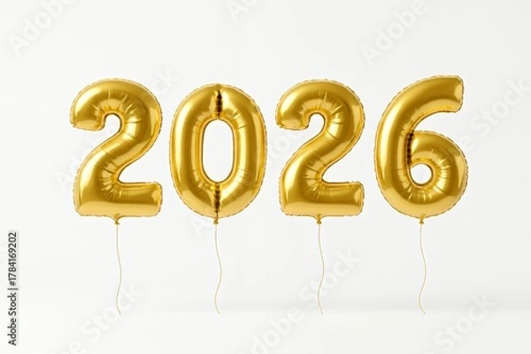 Fototapeta Celebrate the vibrant year 2026 with gleaming golden foil balloons, perfect for New Year's parties, milestone events, and optimistic future projections