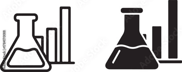 Obraz Scientific research and data analysis vector icon featuring a laboratory erlenmeyer flask with liquid alongside a bar chart for results isolated on white background, Vector, illustration