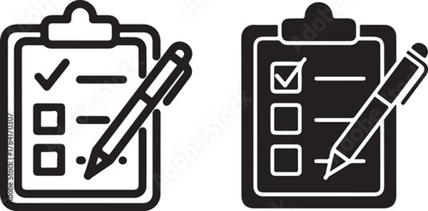 Obraz Clipboard with checklist and pen icon set representing task management, survey completion, planning, and assessment vector graphic design element isolated on white background, Vector, illustration