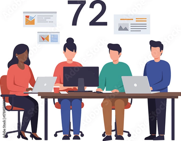 Obraz Diverse Team Working Together at Desk with Laptops and Computer Monitor.