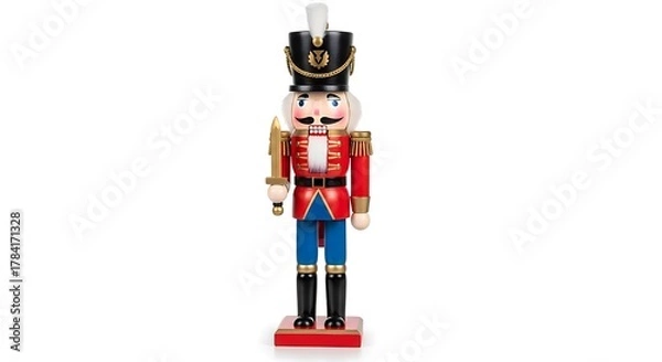 Fototapeta Wooden Nutcracker Soldier with Sword and Festive Uniform