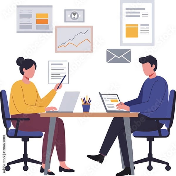 Obraz Two Faceless People Working at Desks with Laptops and Documents.