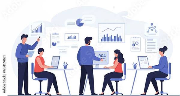 Obraz Illustrated Office Team Analyzing Data and Charts in a Collaborative Workspace.