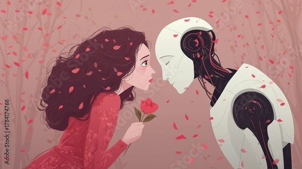 Fototapeta Intimate moment between a young woman in a red dress and a humanoid robot. Concept of love, romance, and the profound, blurring connection between humanity and artificial intelligence.