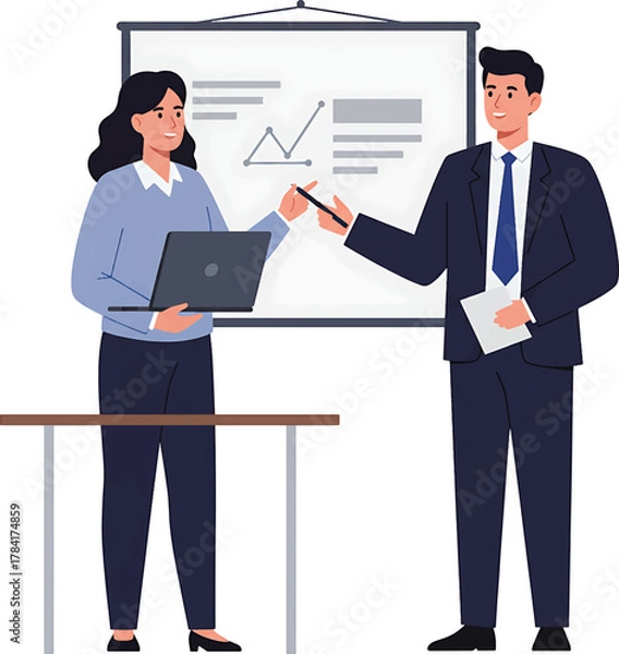 Obraz Businesswoman with Laptop and Businessman Presenting Graph on Whiteboard.