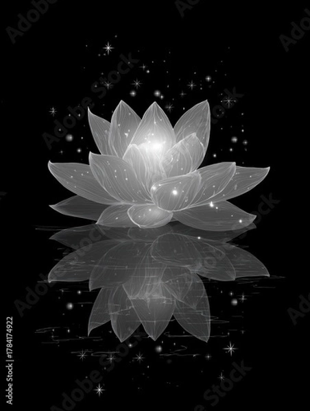 Obraz A luminous, ethereal lotus flower blossoms in the darkness while continuously generating a sparkling shower of golden particles, symbolizing purity, spiritual enlightenment, peace, and divine grace.