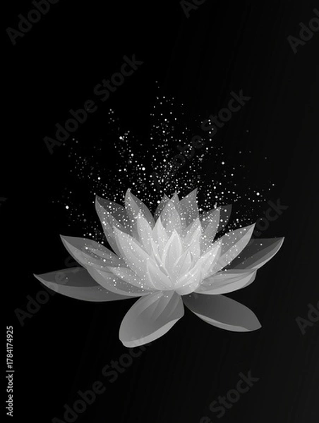 Fototapeta A luminous, ethereal lotus flower blossoms in the darkness while continuously generating a sparkling shower of golden particles, symbolizing purity, spiritual enlightenment, peace, and divine grace.