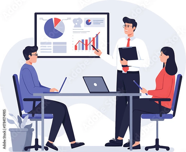 Obraz Business Presentation with Charts and Graphs by a Man in Glasses and Red Tie.