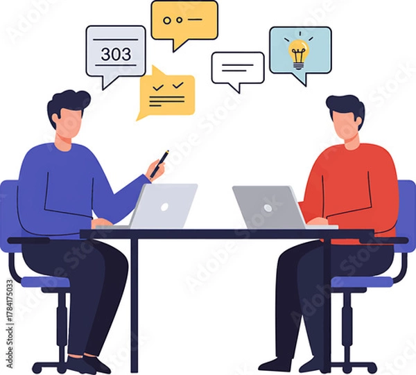 Obraz Two Business Colleagues in Discussion with Laptops and Speech Bubbles.