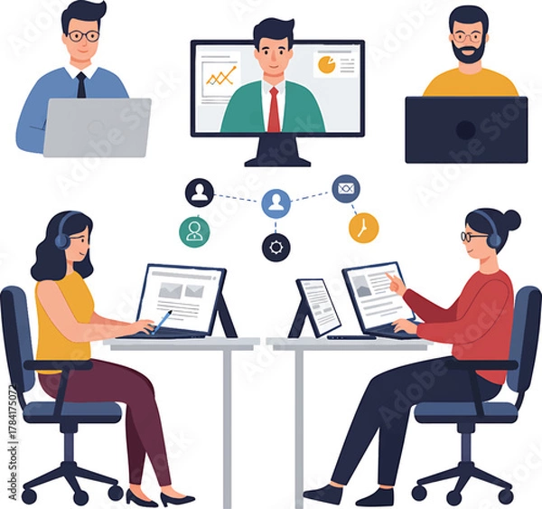 Obraz Remote Team Collaboration: People Working on Laptops and Video Conferencing.