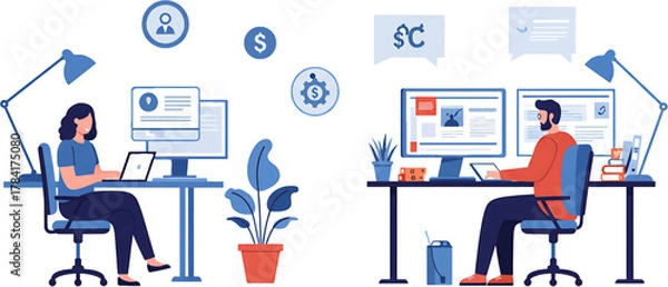 Obraz Woman Working on Laptop at Desk with Computer and Lamp Blue Tones.