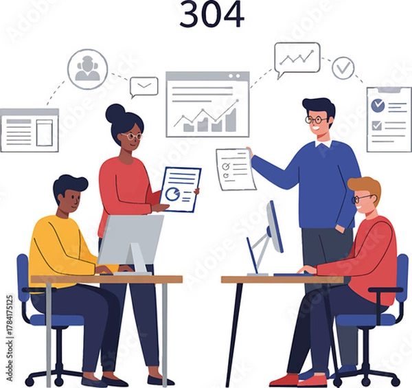 Obraz Team of Four People Working at Desks with Computers Discussing Documents.