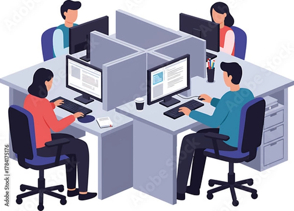 Obraz Isometric Office Space with Four People Working at Desks with Computers.