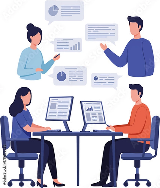 Obraz Team Members Working on Computers at Office Desk Flat Design.