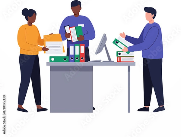 Obraz Three Diverse Office Workers Handling Documents and Files Vector Illustration.