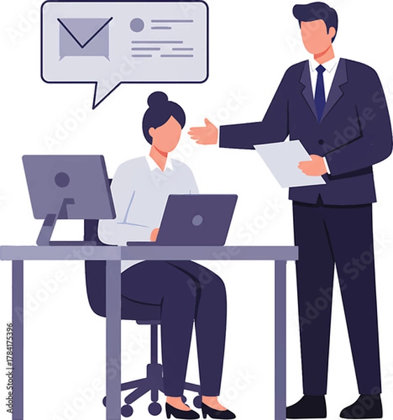 Obraz Businesswoman working on laptop with supervisor and email notification.