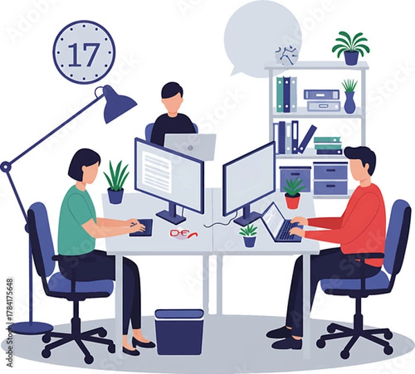 Obraz Four Colleagues Working at Desks in a Modern Office Setting.