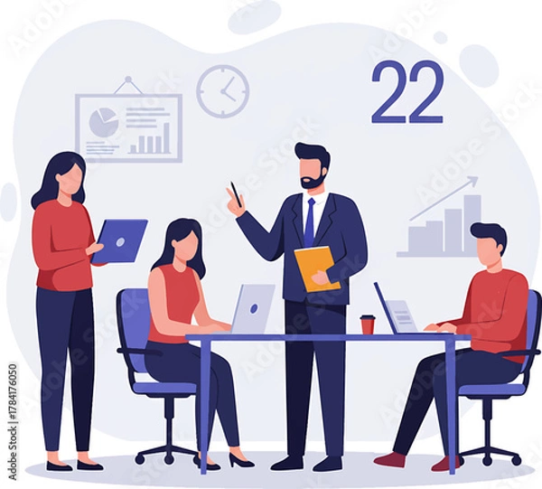 Obraz Business Team Collaboration: Meeting with Leader and Employees at Table.