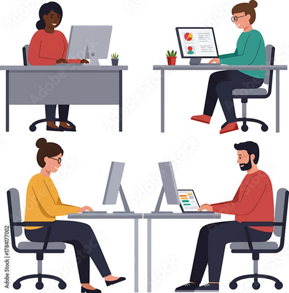 Obraz Four People Working at Desks with Computers in an Office Setting.