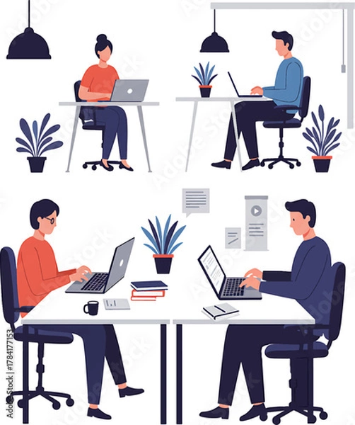 Obraz Four People Working on Laptops at Desks in Modern Office Setting.