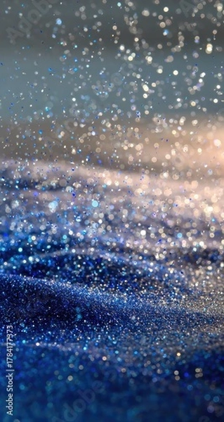 Fototapeta Abstract glitter, water droplets, dark blue, sparkles