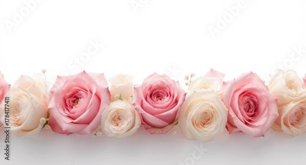 Fototapeta A row of pastel roses and small white flowers against a clean white background