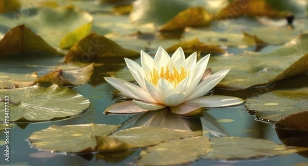 Obraz A serene view showcases a white water lily with yellow center floating amongst lily pads