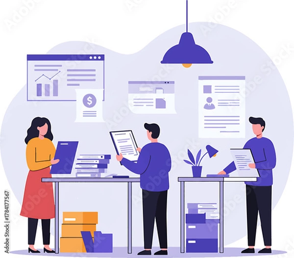 Obraz Office Workers Reviewing Documents at Desks in Modern Illustration Style.