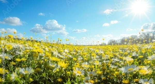Fototapeta A sunlit field of yellow and white daisies blooms under a bright blue sky with fluffy clouds