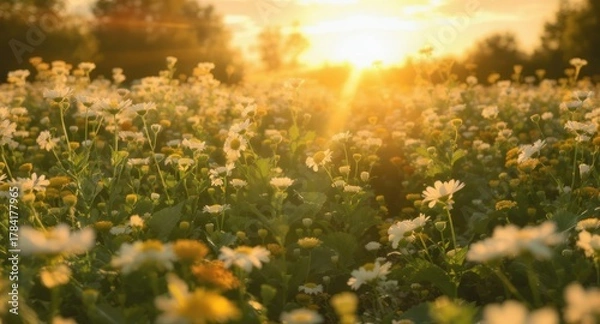 Fototapeta A sunlit meadow of white wildflowers basks in golden hour light, trees in the background
